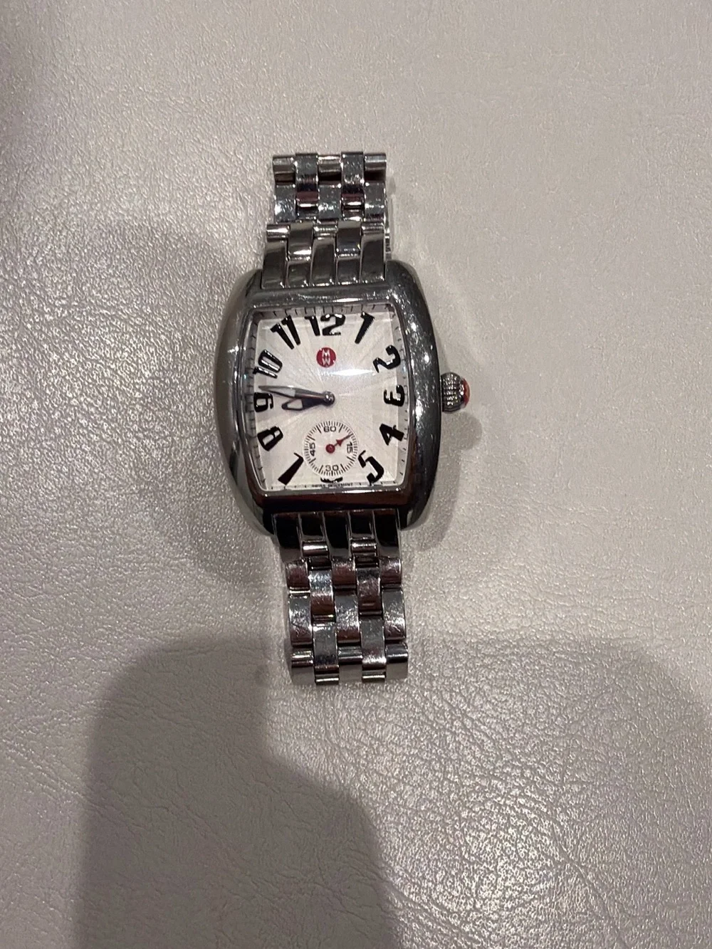 Michele Silver Stainless Steel Watch with Bright Pink Leather Strap